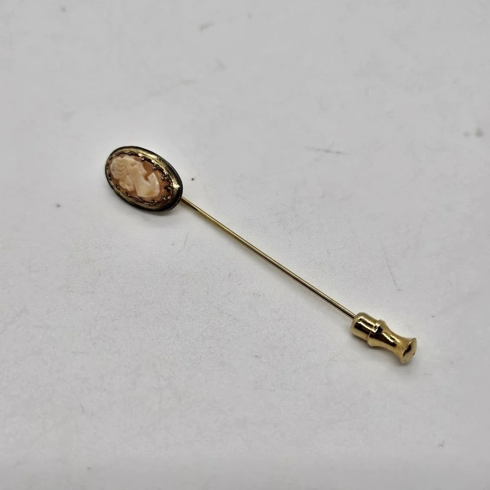 sterling vermeil cameo stick pin red-orange background